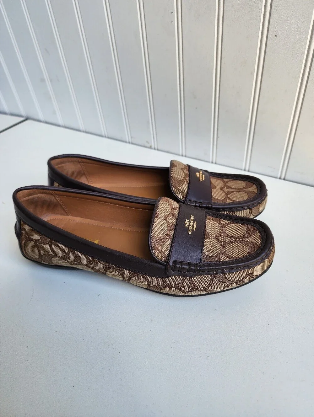 COACH ODETTE MONOGRAM LOGO BROWN & TAN LOAFER SLIP ON SZ 7.5B